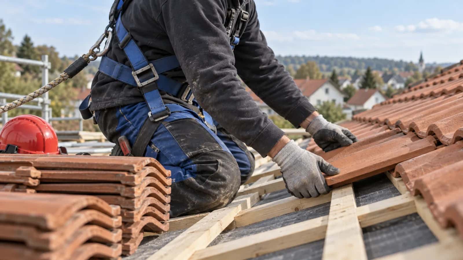 Dachdecker im Auffanggurt legt Tonziegel auf die Dachlatten, daneben ein Stapel Ziegel und ein roter Helm