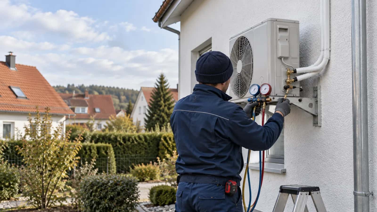 Techniker montiert das Außengerät einer Split-Klimaanlage an einer Hauswand und schließt die Messgeräte an