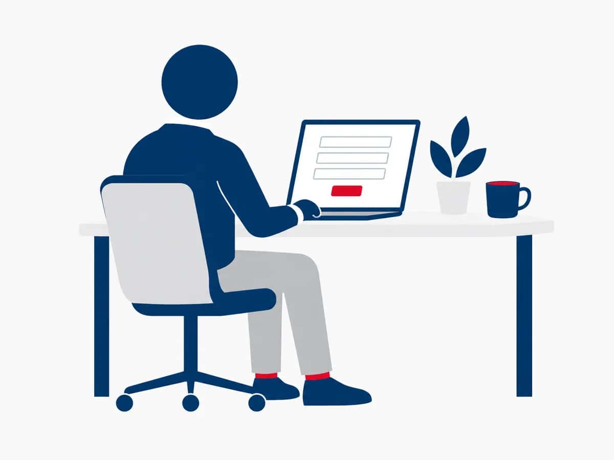 Illustration: Person sitzt am Laptop und füllt ein Anfrageformular aus