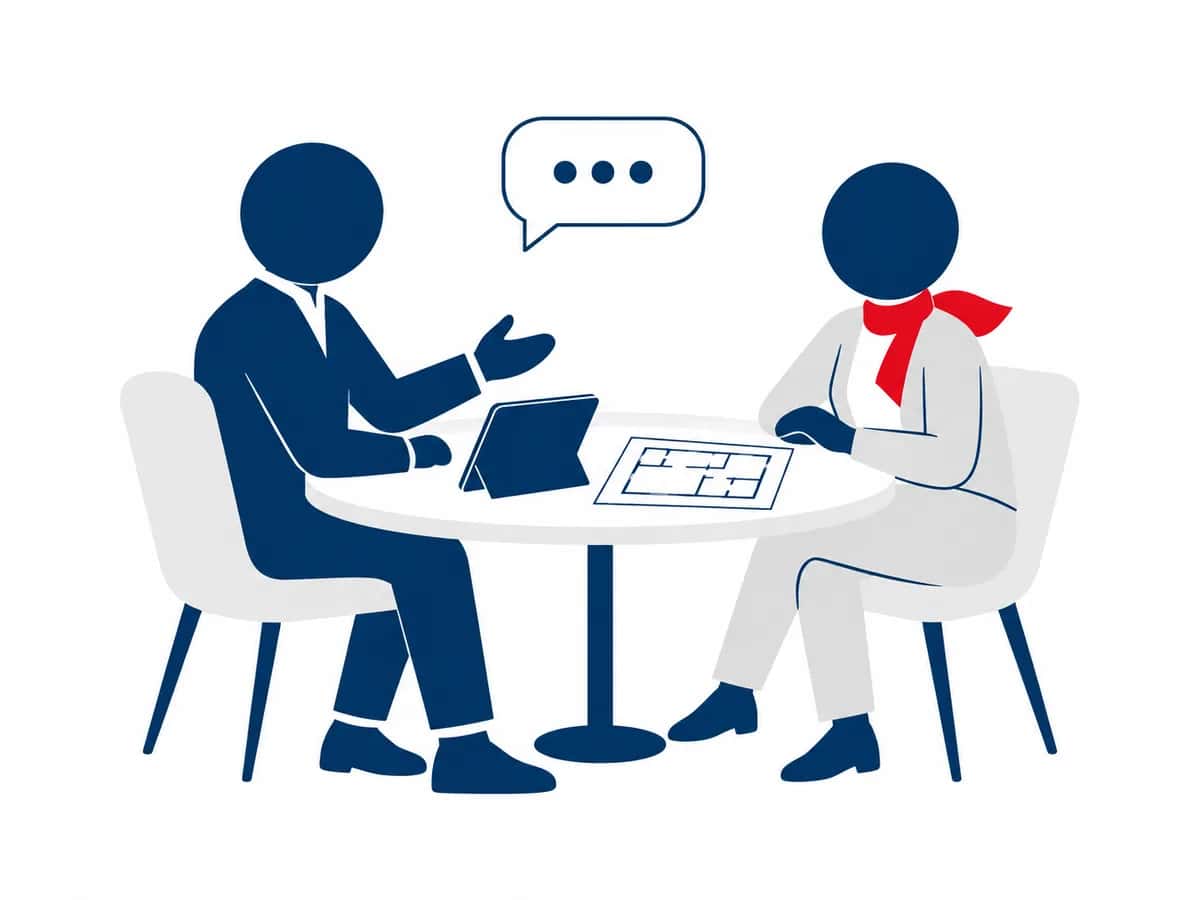 Illustration: Zwei Personen besprechen am Tisch mit Tablet und Plan die Sanierung