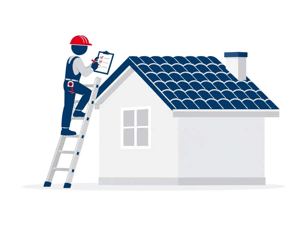 Illustration: Handwerker mit Helm und Checkliste prüft auf der Leiter ein Hausdach