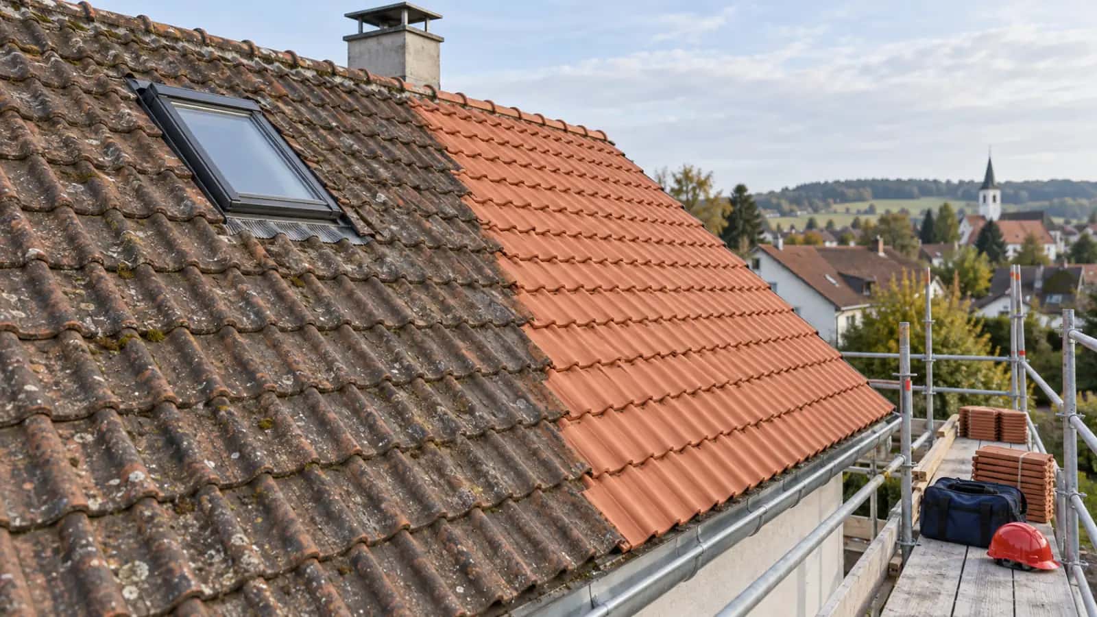 Hausdach zur Hälfte mit alten, bemoosten Ziegeln und zur Hälfte mit neuen terrakottafarbenen Ziegeln gedeckt