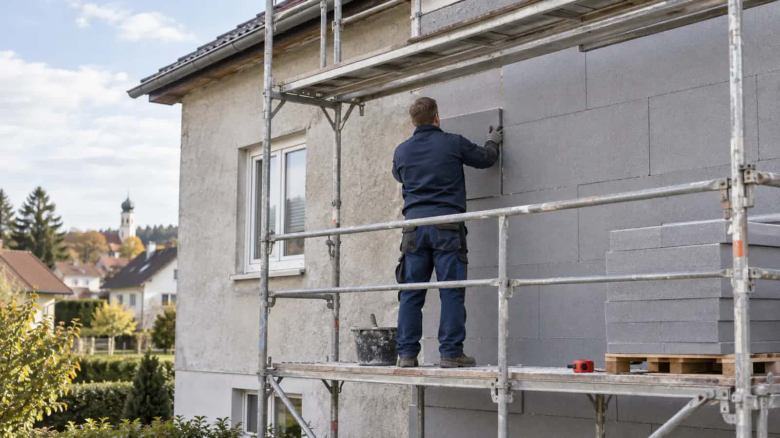 Handwerker montiert auf dem Gerüst graue Dämmplatten an der Fassade eines Hauses, daneben eine Palette mit Platten
