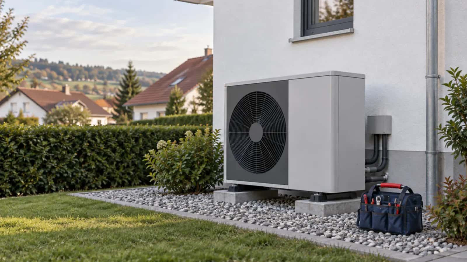 Luft-Wasser-Wärmepumpe an der Hauswand eines Einfamilienhauses mit Kiesbeet, Hecke und Werkzeugtasche