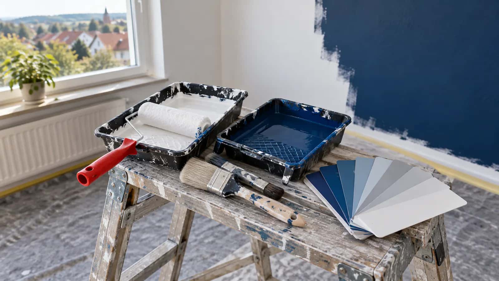 Farbwannen mit weißer und dunkelblauer Farbe, Rolle, Pinsel und Farbfächer auf einer Bockleiter vor einer halb gestrichenen Wand