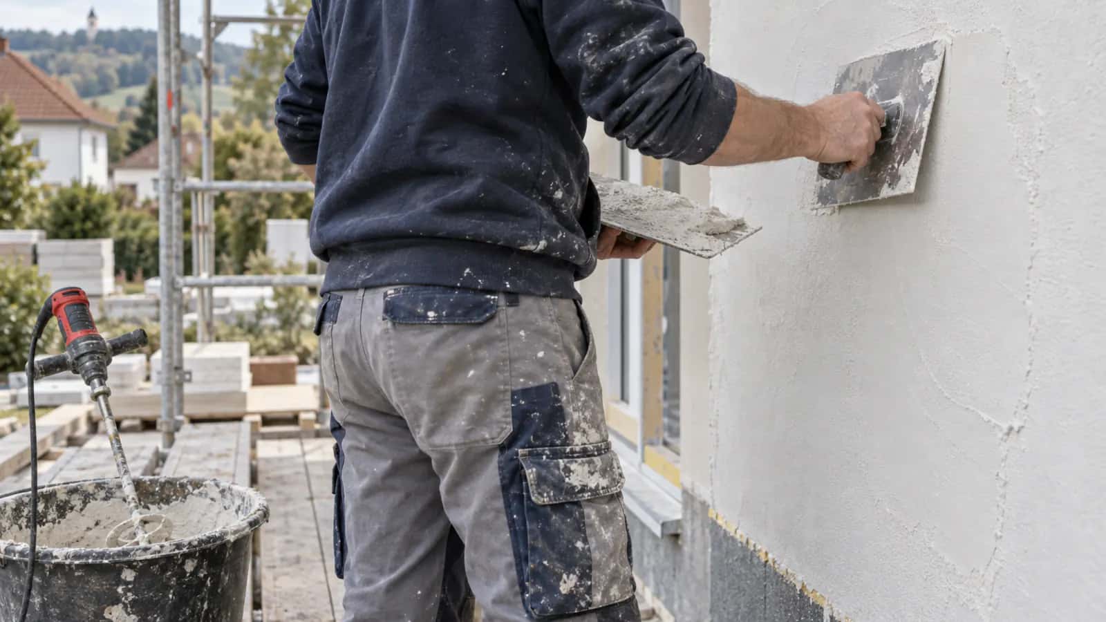 Maurer glättet mit der Stahlkelle weißen Putz an der Wand eines Anbaus, daneben Mörteleimer und Rührgerät
