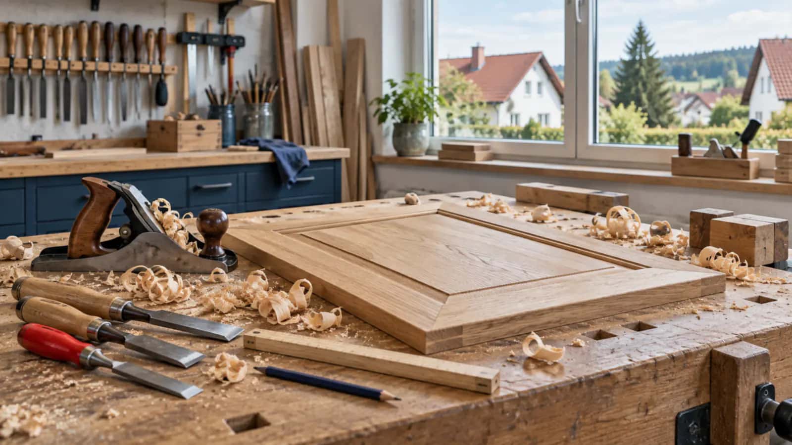 Werkbank mit einer Schrankfront aus Eiche in Arbeit, Handhobel, Stemmeisen und Hobelspänen