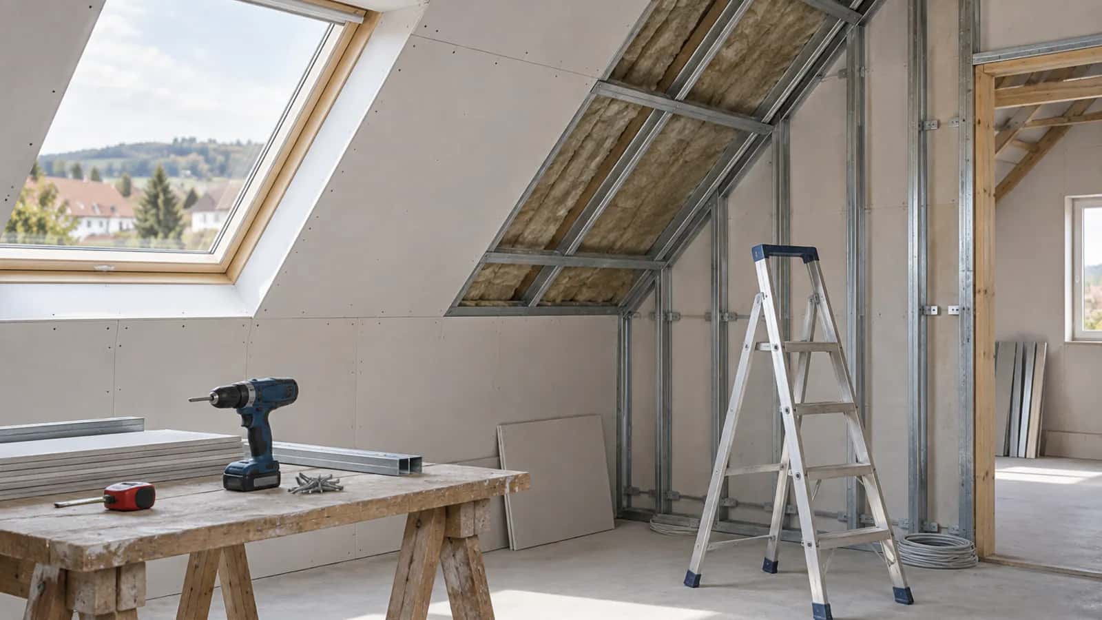 Dachgeschoss im Ausbau mit Metallständerwerk und halb beplankter Dachschräge, Leiter und Akkuschrauber