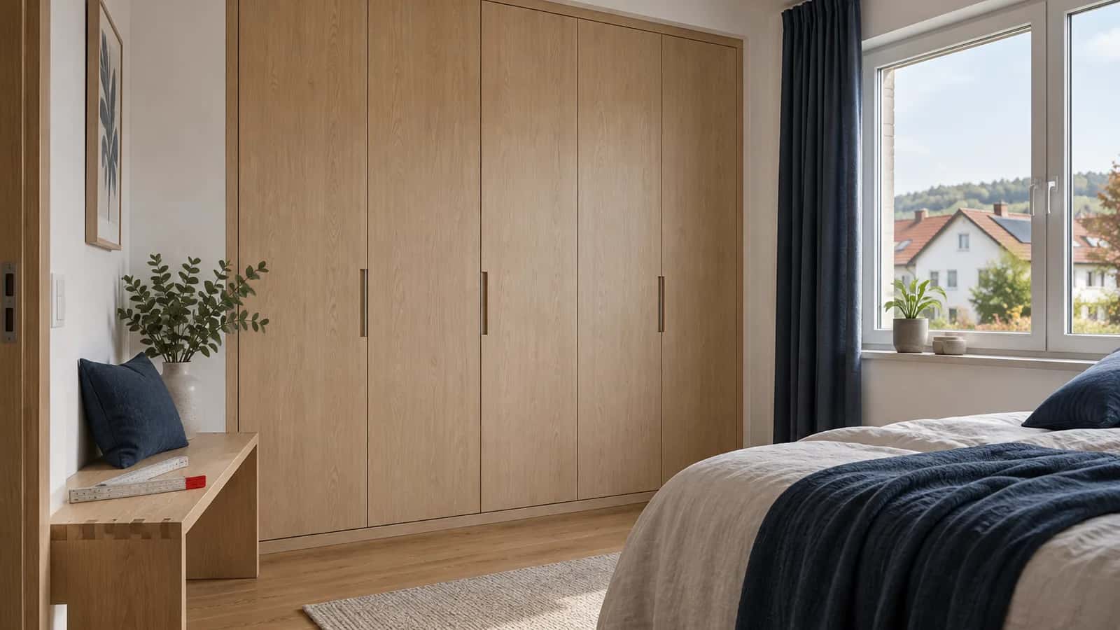 Maßgefertigter Einbauschrank aus heller Eiche in einer Schlafzimmernische mit bündigen Türen