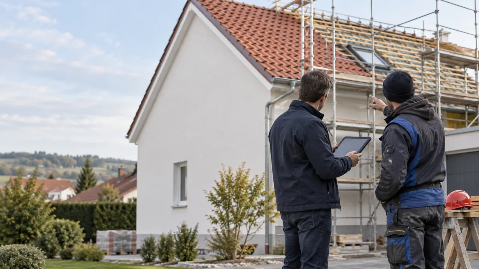 Projektmanager mit Tablet und Dachdeckermeister besprechen die Sanierung vor einem Einfamilienhaus mit Gerüst