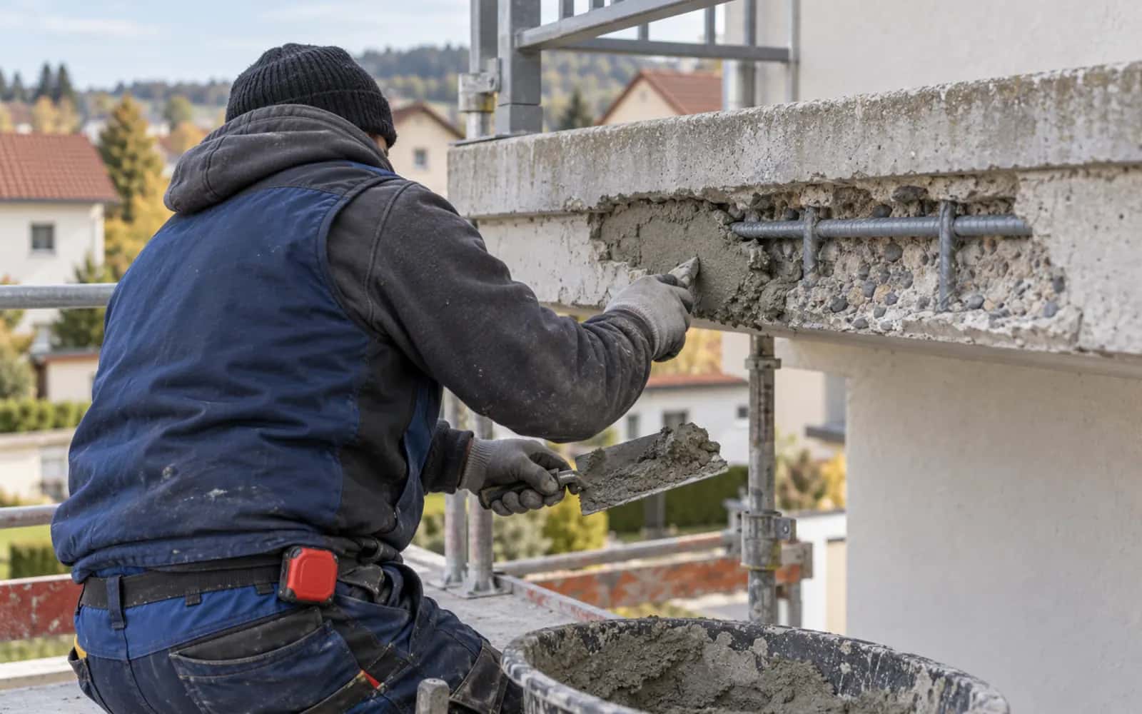 Handwerker setzt auf dem Gerüst die abgeplatzte Stirnkante einer Balkonplatte instand, freigelegte Bewehrung mit Rostschutz, Instandsetzungsmörtel auf der Kelle