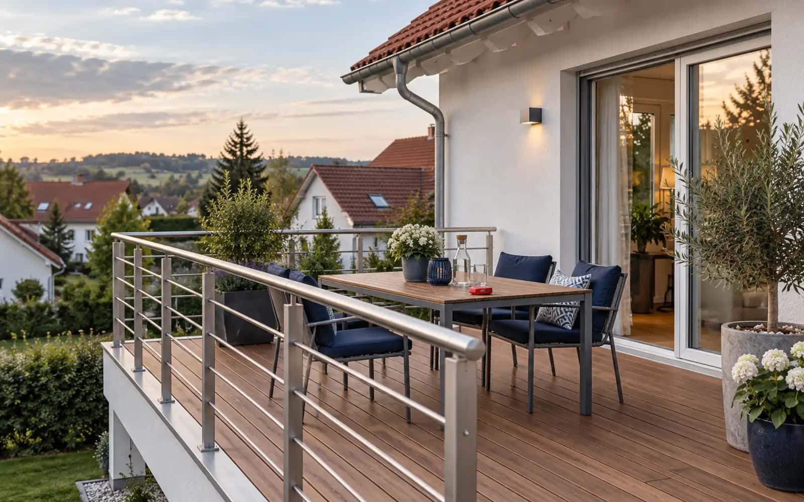 Sanierter Balkon mit warmbraunen Holzdielen, Edelstahlgeländer, Tisch und Stühlen an einem weiß verputzten Einfamilienhaus im Abendlicht