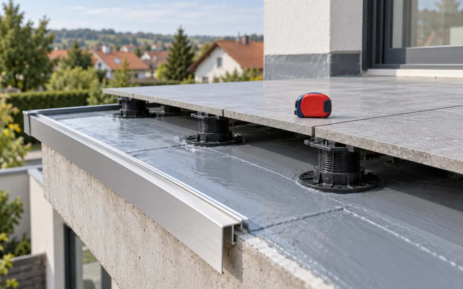 Nahaufnahme des neuen Balkonaufbaus an der Plattenkante: Abdichtung, Aluminium-Tropfkantenprofil und Feinsteinzeugplatten auf Stelzlagern