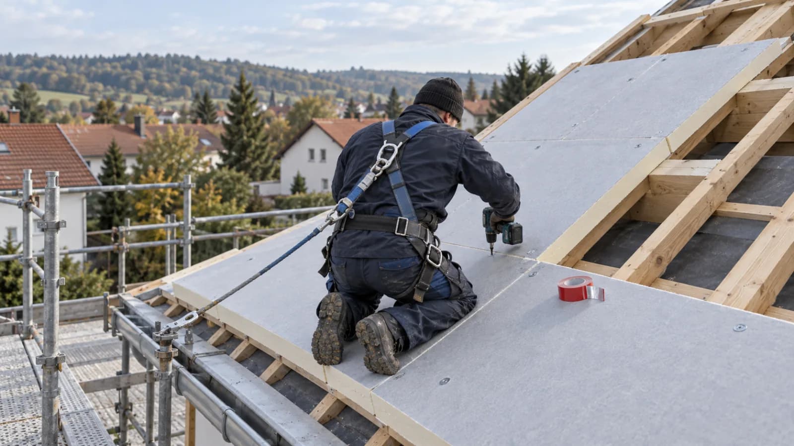 Dachdecker im Auffanggurt verschraubt steife Dämmplatten oberhalb der Sparren eines Steildachs
