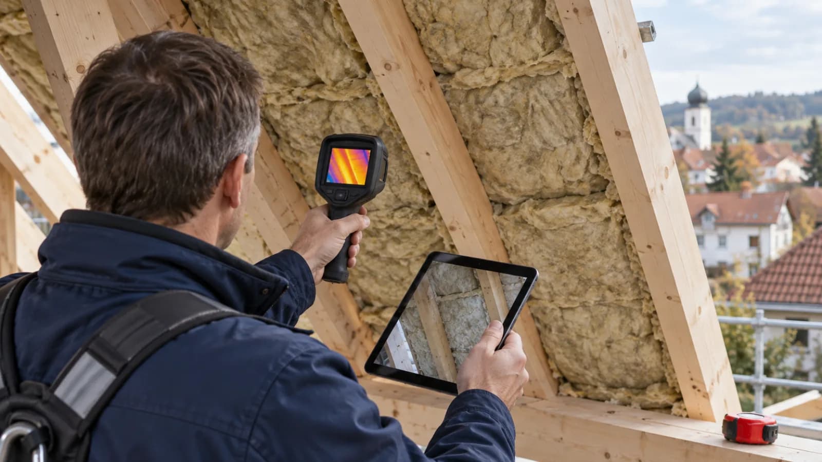 Energieberater prüft mit Tablet und Wärmebildkamera die Dämmschicht zwischen den Sparren eines Dachs