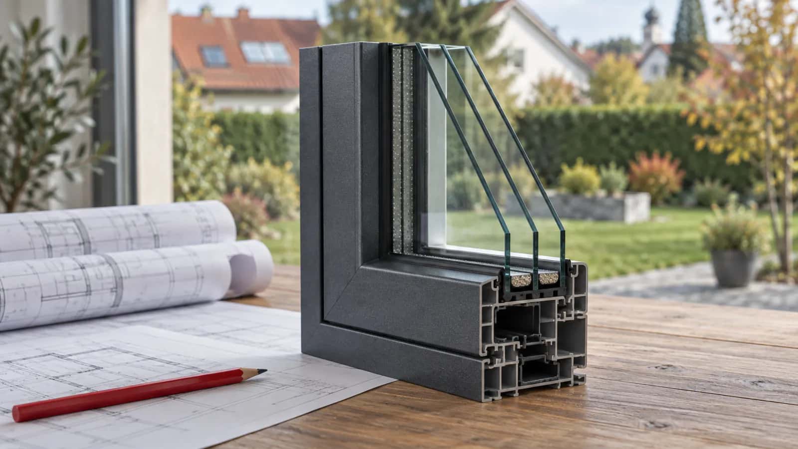 Profilmuster eines anthrazitfarbenen Dreifach-Fensters auf einem Holztisch neben aufgerollten Bauplänen